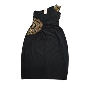 Cache Black One Shoulder Gown Gold Beaded Embellished Formal‎ Evening Dress